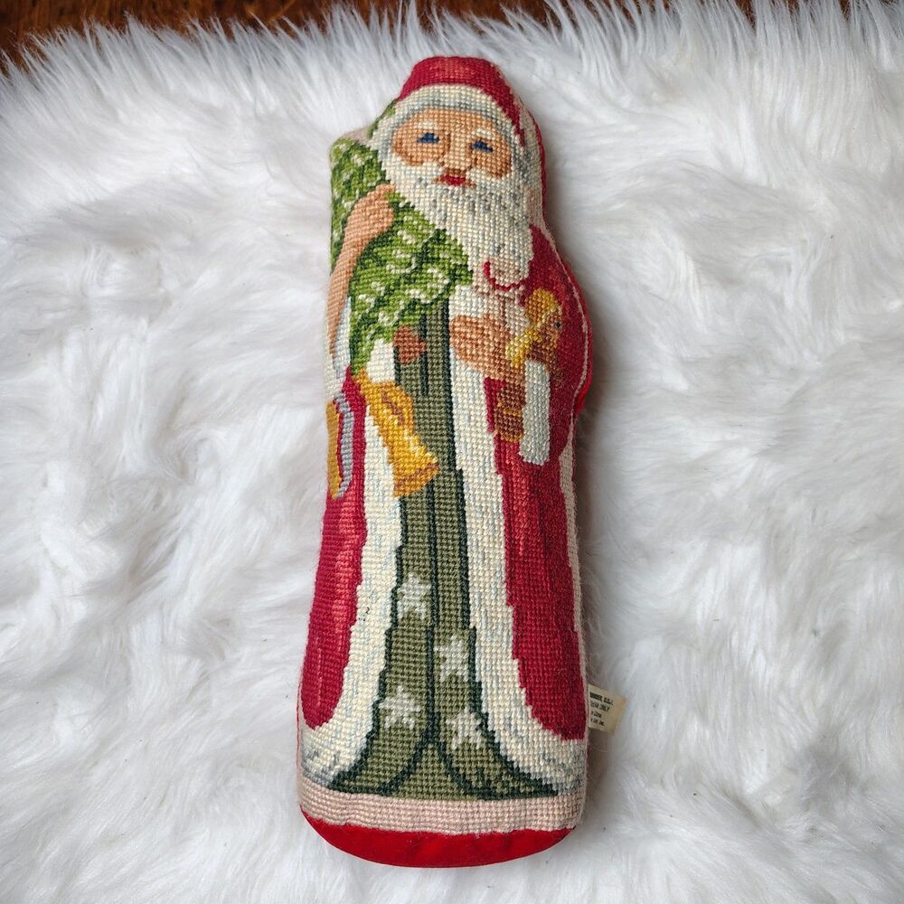 Wool/Cotton Needlepoint VTG Standing Santa Pillow 15" Christmas Decor Red Velvet